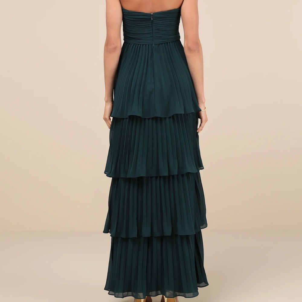 Lulu's Strapless Tiered Pleated Maxi Dress in Deep Teal